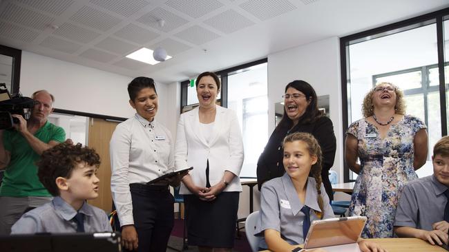 Premier of Queensland Annastacia Palaszczuk, Minister for Education of Queensland Grace Grace and Principal Sharon Barker with student. First day at Fortitude Valley State Secondary College. 585 St Paul's Terrace and Brookes St, Fortitude Valley, Brisbane, 28th of January 2020. (AAP Image/Attila Csaszar)