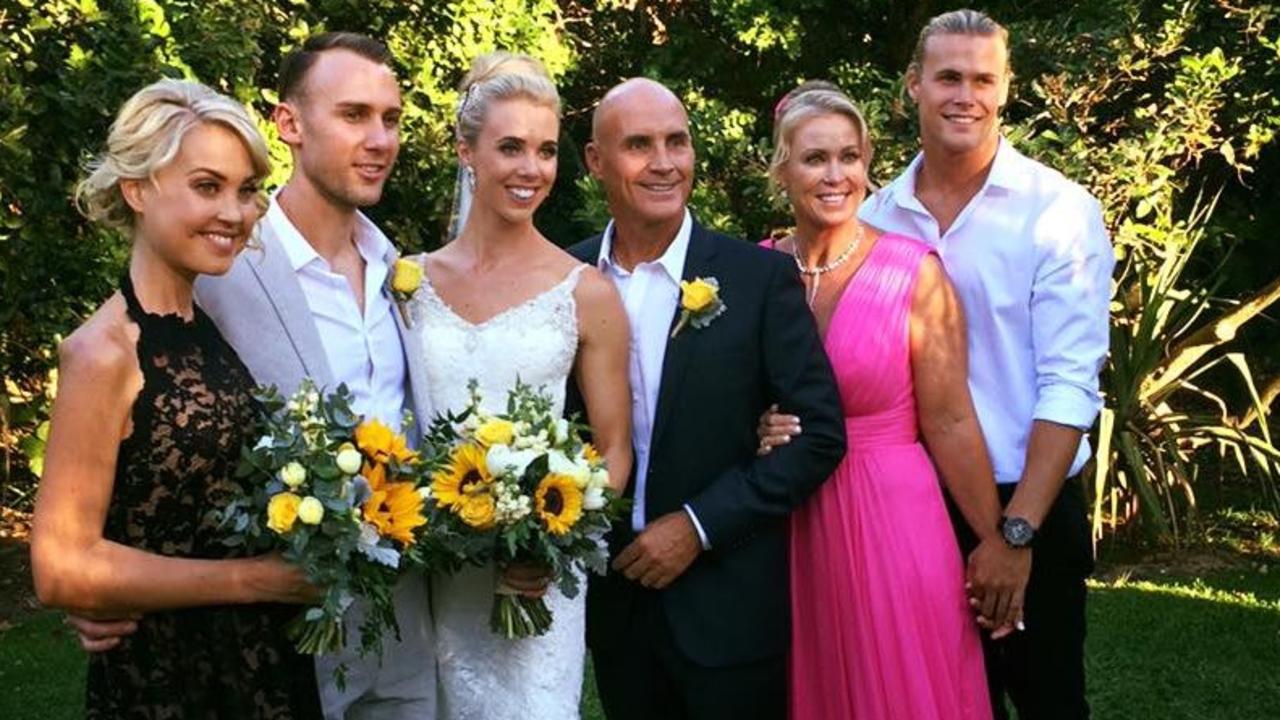 Wedding of Morgan Kenny and Ryan Gruell at Noosa. (Left to right) Jaimi Lee Kenny, Ryan Gruell, Morgan Kenny, Grant Kenny, Lisa Curry and Jett Kenny. Picture: Facebook