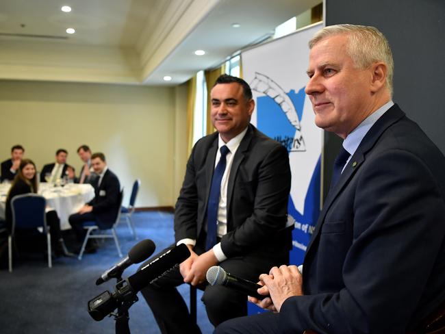 NSW Deputy Premier John Barilaro (left) and Deputy Prime Minister Michael McCormack both believe the Nationals should contest the seat if the Liberals lose the by-election. Picture: Joel Carrett