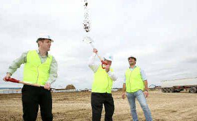 Woolworths community relations manager Simon Berger (left), Mayor Col Meng and Hutchinson Builders regional manager Levi Corby turn the first sod of the new Woolworths development at Ooralea. Picture: Lee Constable