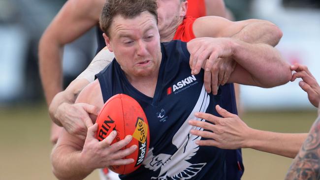 Football Edi-Asp (blue and white) v Mt Eliza (blue and red) in Aspendale. Edithvale/Aspendale Matthew Clark 9 Picture: Susan Windmiller