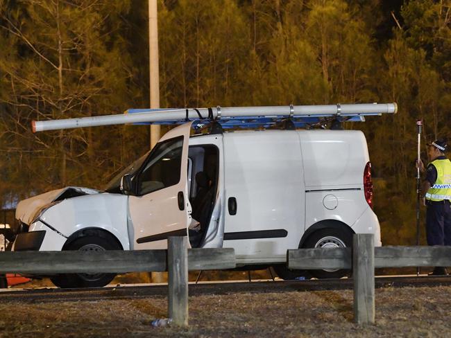 The van allegedly involved in a crash on Campbelltown Rd, Leumeah, where two police officers were severely injured after the driver, Jakob Thorton, ran into them while on his mobile phone. Picture: Gordon McComiskie