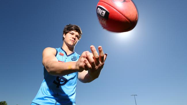 “I’m pretty competitive, I like to go in hard.” Sturt AFL Draft prospect Tom Lewis at Unley Oval. Picture: Tait Schmaal.