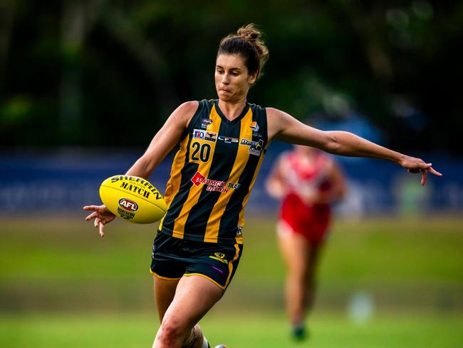 Jasmyn Hewitt was at her omnipresent best at the weekend, playing a major role in PINT's comprehensive Round 16 victory over the Tigers. Picture: Patch Clapp (AFLNT Media).