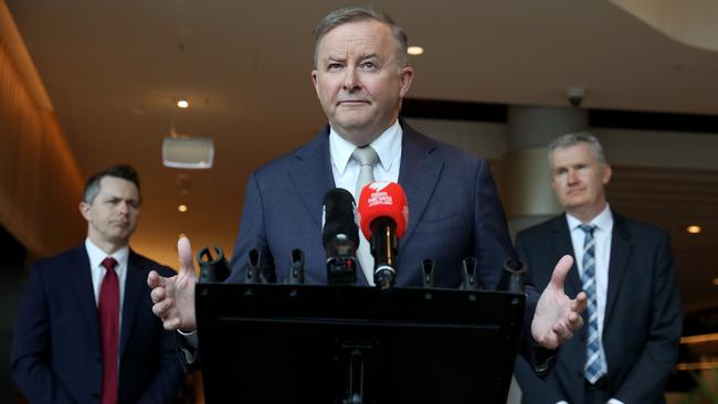 Anthony Albanese with the Member for Blaxland Jason Clare, left, and Member for Watson Tony Burke. Picture: NCA NewsWire / Damian Shaw