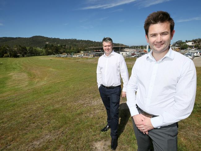 (L-R) Developer Brett Robinson CEO of Traders In Purple and Kingborough Mayor Dean Winter at the Kingston High School site redevelopment. PICTURE CHRIS KIDD