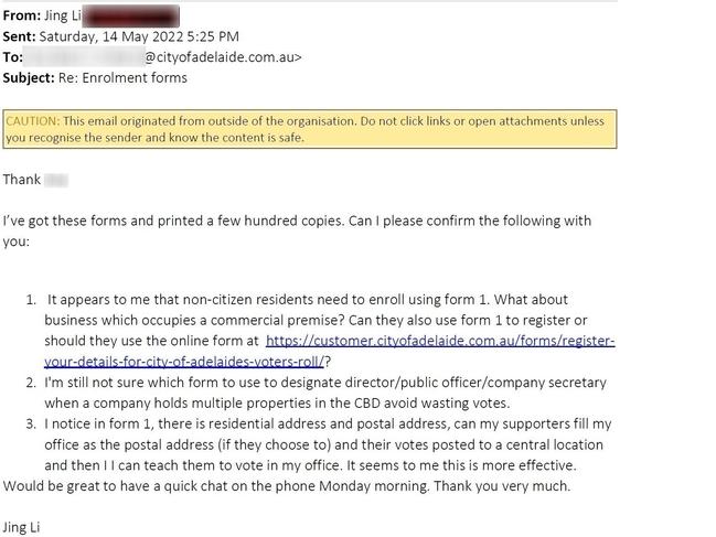 Emails, allegedly between Adelaide City councillor Jing Li and council staff, regarding the enrolment of voters ahead of his win. Picture: Supplied.