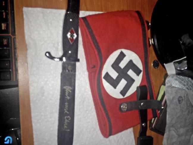 Bryer Schmegelsk’s Nazi memorabilia includes flags, knives and guns. Picture: Supplied