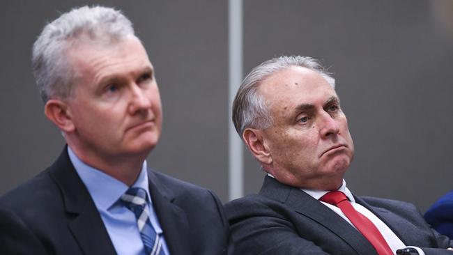 Labor MP Tony Burke and Senator Don Farrell at the party caucus meeting in Canberra on Thursday. Picture: AAP Image/Lukas Coch