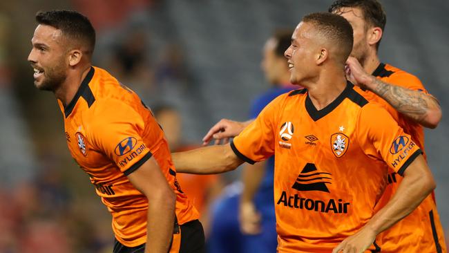 Brad Inman celebrates scoring Brisbane Roar’s goal against the Jets. Picture: Getty Images