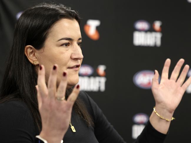 MELBOURNE, AUSTRALIA - OCTOBER 06: Laura Kane, AFL Executive General Manager of Football speaks during the 2024 AFL National Draft Combine at Melbourne Sports and Aquatic Centre on October 06, 2024 in Melbourne, Australia. (Photo by Martin Keep/AFL Photos/via Getty Images)