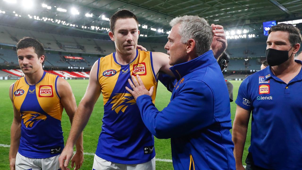Jeremy McGovern embarces coach Adam Simpson after their first win of 2022. Picture: Michael Willson