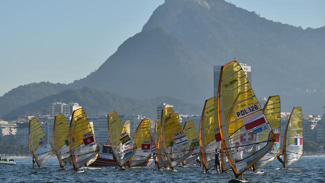 Boats line up for the first test event for the Rio 2016 Olympic and Paralympic Games at Guanabara Bay.