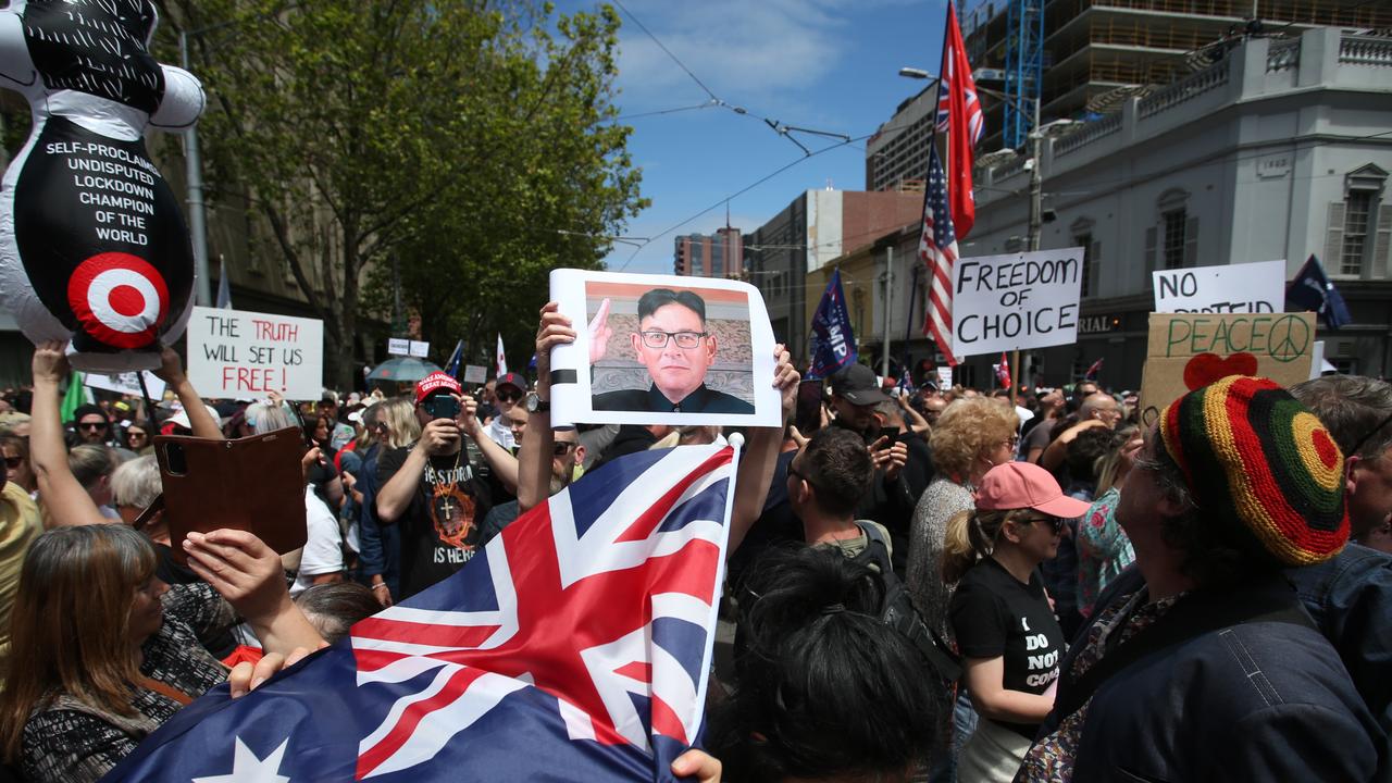 One Victorian stylised then premier Dan Andrews as Kim Jong-un during this anti-lockdown protest in Melbourne in November 2021. Picture: NewsWire / Paul Jeffers