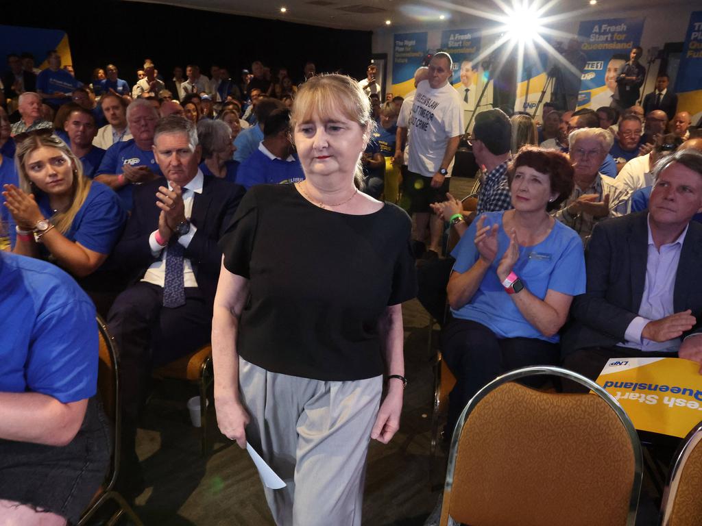 Special guest Cindy Micallef heads to the front of the LNP campaign launch. Picture: Liam Kidston