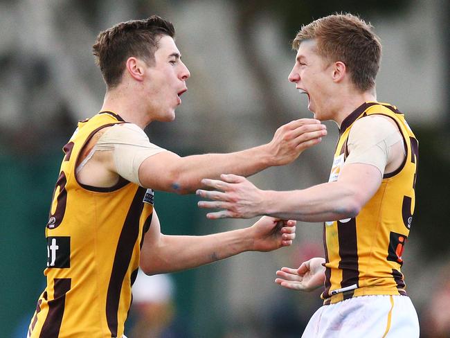 MELBOURNE, AUSTRALIA - SEPTEMBER 16:  Dylan Moore of the Hawks (R) celebrates a goal during the VFL Preliminary Final match between Williamstown and Box Hill at North Port Oval on September 16, 2018 in Melbourne, Australia.  (Photo by Michael Dodge/AFL Media/Getty Images)