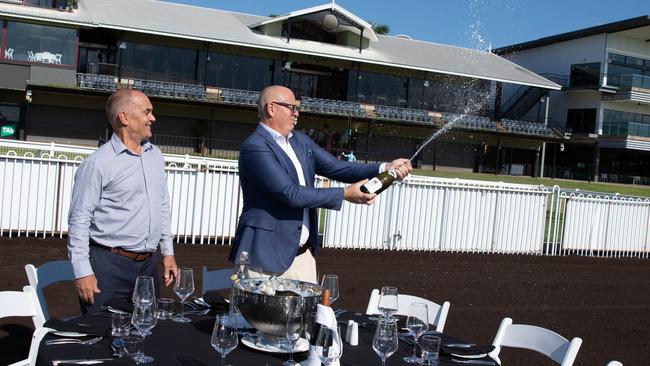 Brad Fanning and Brad Morgan at the Darwin Turf Club. Picture: Glenn Campbell