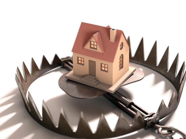 Bear trap with a house inside. Concept of mortgage, pledge and property financing.. housing, property trap, tax, generic