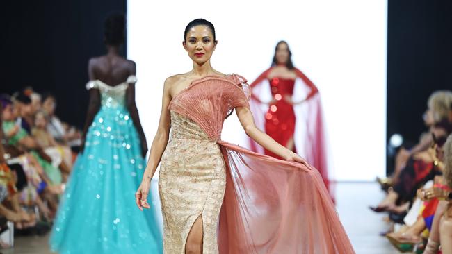 Model Joanna Gunay showcases a design from Belle Le Chic in the grand finale runway show at Cairns Fashion Week, held at the Screen Queensland studios. Picture: Brendan Radke