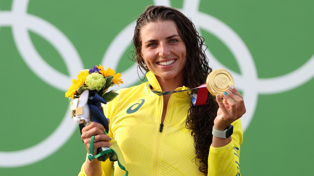 Australian Jessica Fox with her gold medal after winning the first women’s C1 canoe slalom event in Olympic history. Picture: Getty Images
