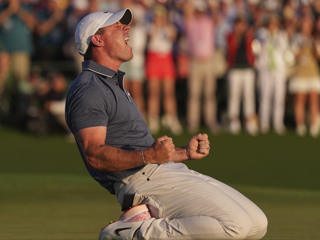 Rory McIlroy celebrates his Augusta win. Picture: AP Photo/Matt Slocum