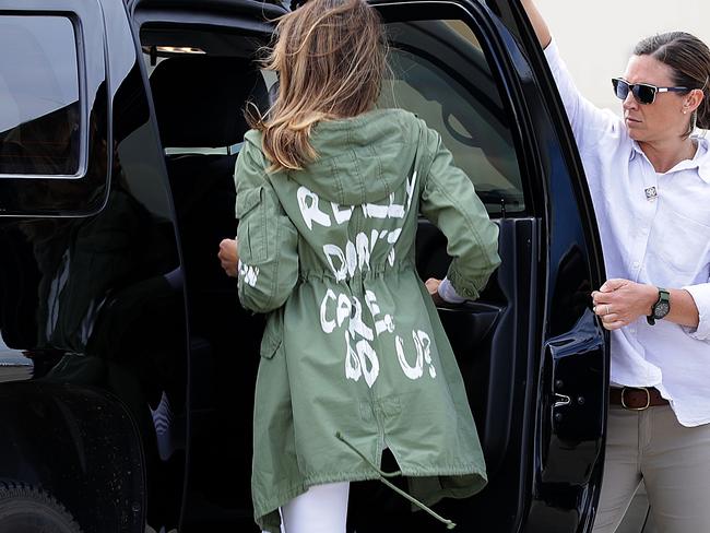 Melania Trump’s jacket is causing uproar. Picture: Chip Somodevilla/Getty Images