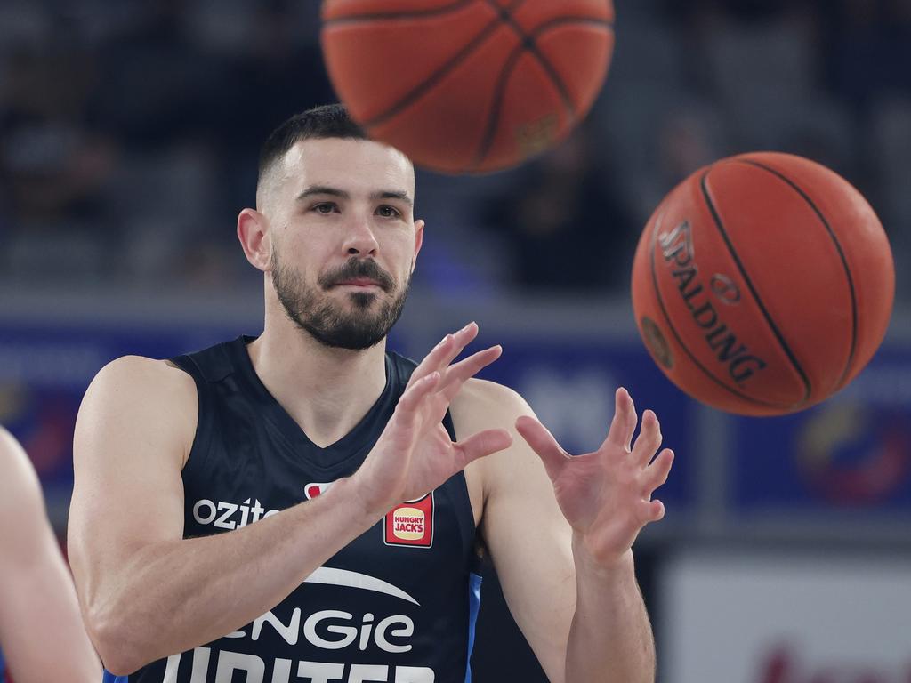 Chris Goulding of United warms up ahead of the round three NBL match between Melbourne United and Cairns Taipans at John Cain Arena, on October 06, 2024, in Melbourne, Australia. (Photo by Daniel Pockett/Getty Images)