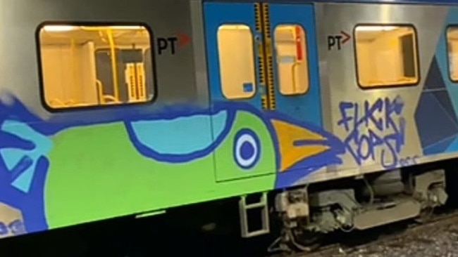 A green "Pam" painted on a train in Melbourne. Picture: Just another bird/ Instagram