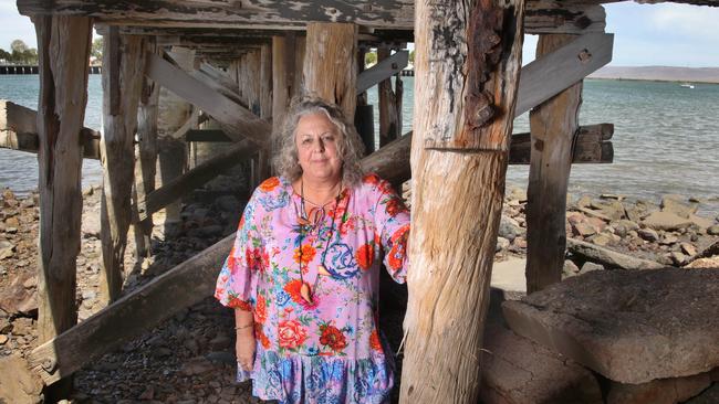 Port Augusta mayor Linley Shine under the town’s dilapidated West Side Jetty. Picture: Dean Martin