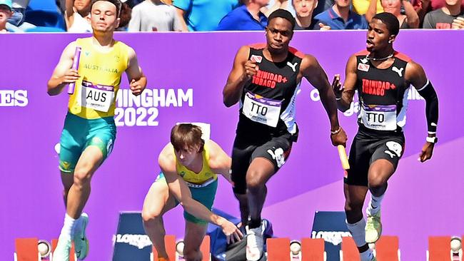 Rohan Browning goes down in the 4x100m relay. Picture: David Ramos/Getty Images