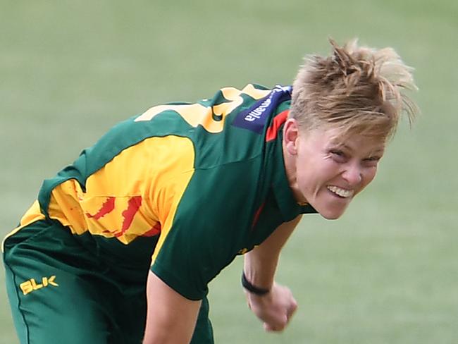 HOBART, AUSTRALIA - NOVEMBER 18: Nathan Ellis of the Tigers in action during the Marsh One Day Cup match between Tasmania and Queensland at Blundstone Arena on November 18, 2019 in Hobart, Australia. (Photo by Steve Bell/Getty Images)