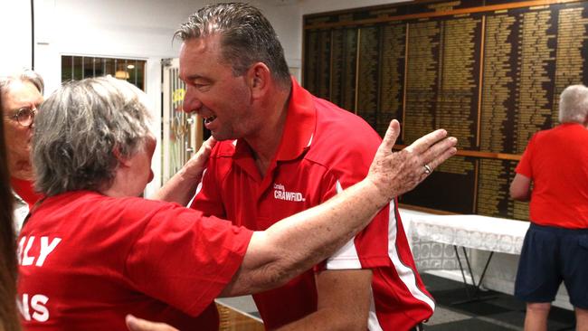 Outgoing Barron River MP Craig Crawford is greeted by a Labor supporter at the West Cairns Bowling Club. Picture: Peter Carruthers