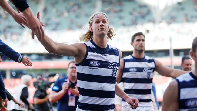 ADELAIDE, AUSTRALIA - APRIL 16: Sam De Koning of the Cats leaves the field after a win during the 2023 AFL Round 05 match between the Geelong Cats and the West Coast Eagles at Adelaide Oval on April 16, 2023 in Adelaide, Australia. (Photo by Dylan Burns/AFL Photos via Getty Images)