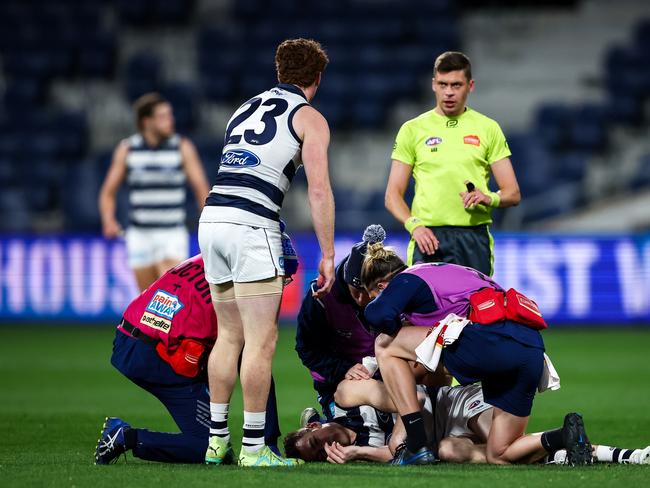 Gary Rohan shares care for injury teammate Jeremy Cameron. Picture: Dylan Burns/AFL Photos via Getty Images