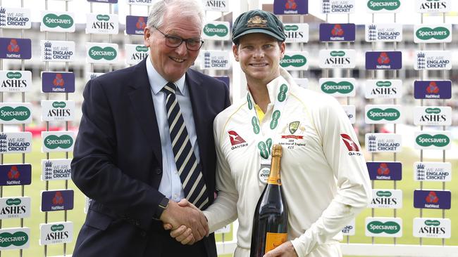 Steve Smith of Australia is presented with the player of the match award during day five of the Ashes Test between England and Australia at Edgbaston.