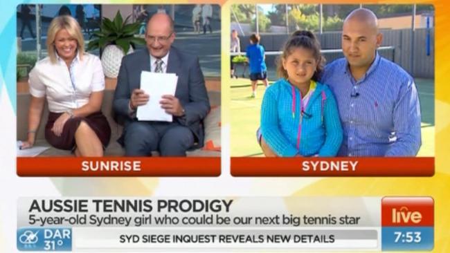 Sam Armytage and David Koch can’t contain themselves during a live cross with young Roseanna.