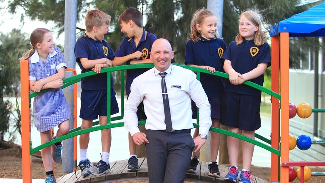 Bentleigh West principal Steven Capp with Year 3 students, from left, Charlotte Maddison, Lenny Burt, Will Austin, Allegra Meszaros and Lola Jack. Picture: Aaron Francis