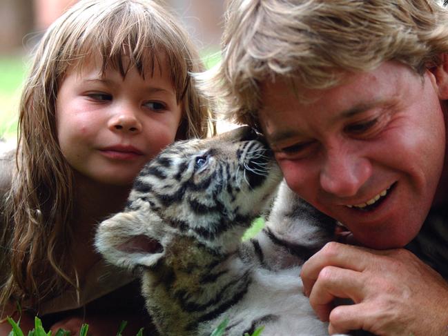 Steve Irwin, right, and Bindi Irwin with a six-week-old Bengal tiger cubs at Australia Zoo. Picture: AAP