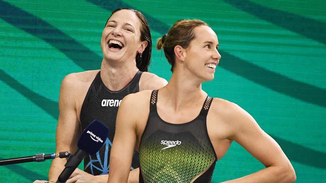 Cate Campbell after winning the Women's 50 metre Freestyle final being interviewed with Emma McKeon Picture: Mark Brake/Getty Images