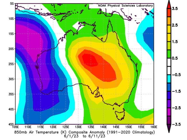 Image: 850 hPa temperature anomaly during the first 11 days of June 2023. Picture: NOAA / NCAR