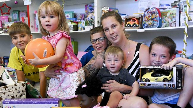 Single mother of five Samantha with her children Jacob,11,Madison,2,Jordan,13,Ryan,1,and Joseph 8 at Uniting SA's  toy room at Port Adelaide Thursday,December ,19,2024.Picture Mark Brake