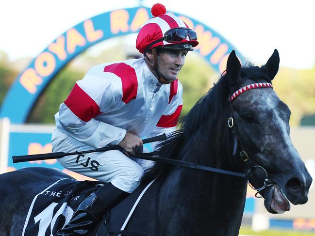 SYDNEY, AUSTRALIA - APRIL 06: Tyler Schiller riding Celestial Legend wins Race 8 The Star Doncaster Mile during Sydney Racing at Royal Randwick Racecourse on April 06, 2024 in Sydney, Australia. (Photo by Jeremy Ng/Getty Images)