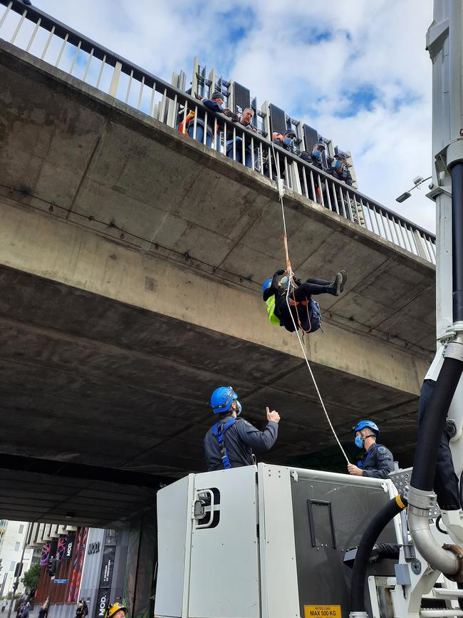 A cherry picker was needed to remove Ms Thorne from the bridge.