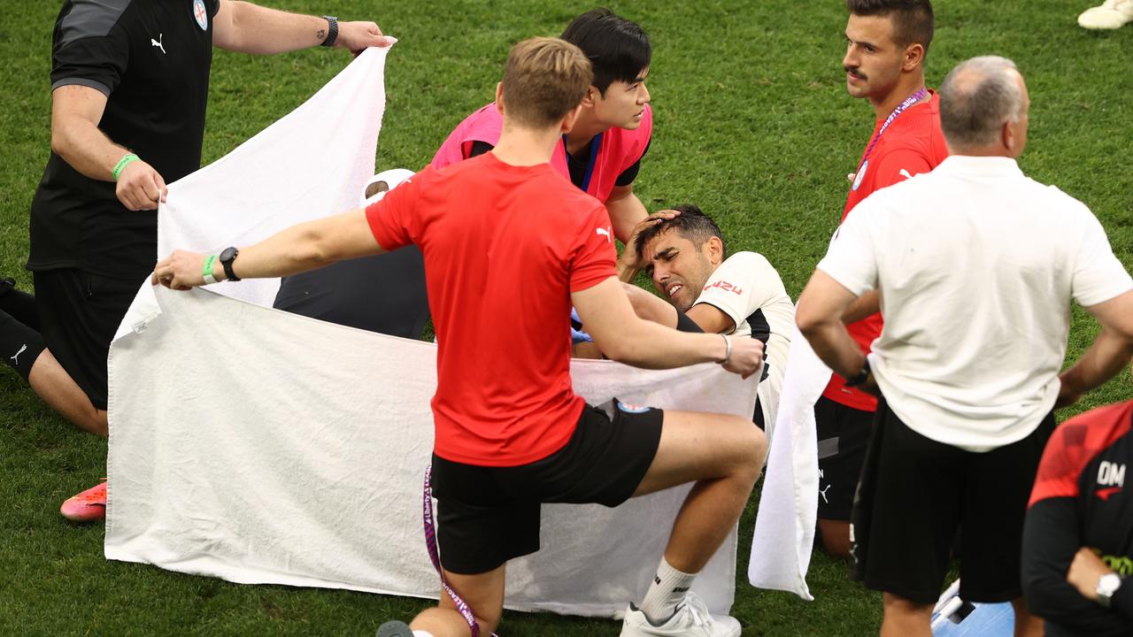 MELBOURNE, AUSTRALIA - JANUARY 29: Juande of Adelaide United is seen after breaking his leduring the round 14 A-League Men's match between Melbourne City and Adelaide United at AAMI Park, on January 29, 2023, in Melbourne, Australia. (Photo by Robert Cianflone/Getty Images)