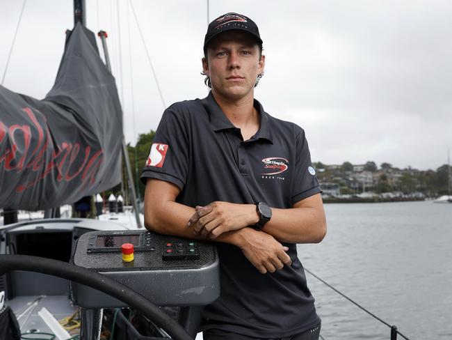 DAILY TELEGRAPH 24TH DECEMBER 2023Pictured at Birkenhead Point Marina in Sydney on board super maxi Scallywag, is crew member Ryan Ewings. At 19 Years of age Ryan is the youngest crew member of all the super maxi crews competing in the 2023 Sydney to Hobart.Picture: Richard Dobson