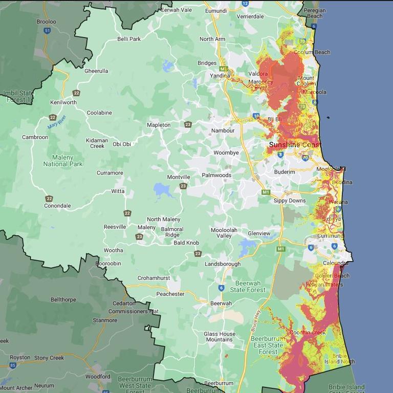 The risk of storm tide flooding on the Sunshine Coast. Picture: Sunshine Coast Council.