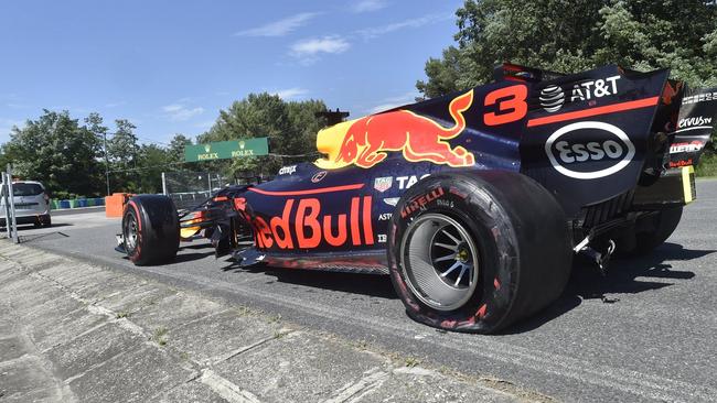 The crashed car of Australian Formula One driver Daniel Ricciardo. Pic: MTI via AP