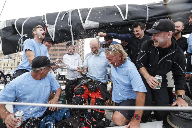 Alive skipper Duncan Hine with his crew as Alive claimed line honours in the 2020 Launceston to Hobart yacht race. Picture: Zak Simmonds