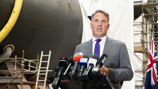 Richard Marles at Osborne shipyard for a press conference about a land agreement to build Australia’s nuclear powered submarines. Picture: NCA NewsWire / Morgan Sette