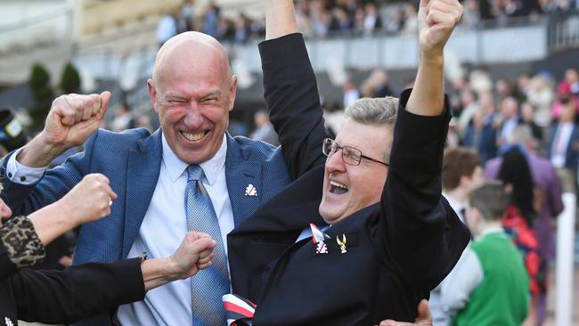 Connections of Pinstriped celebrate after winning the Stow Storage Memsie Stakes at Caulfield Racecourse on August 31, 2024 in Caulfield, Australia. (Photo by Pat Scala/Racing Photos via Getty Images)